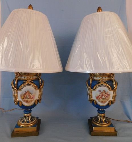 PAIR FRENCH PAINTED PORCELAIN LAMPS