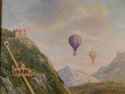 BALLOONS OVER ALPS OIL PAINTINGVintage 3847d6