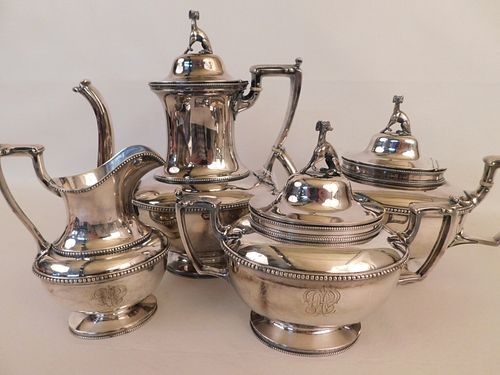 BOSTON COIN SILVER TEA SET WITH DOGRare