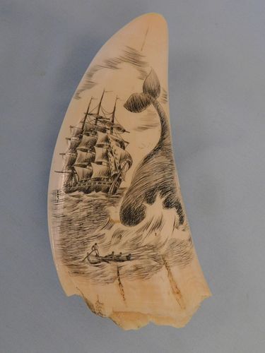 SCRIMSHAW WHALE TOOTH - WHALE ATTACKScrimshaw