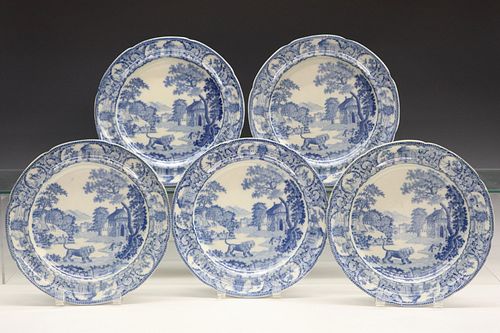 5 ENGLISH TRANSFERWARE PLATESFive Early