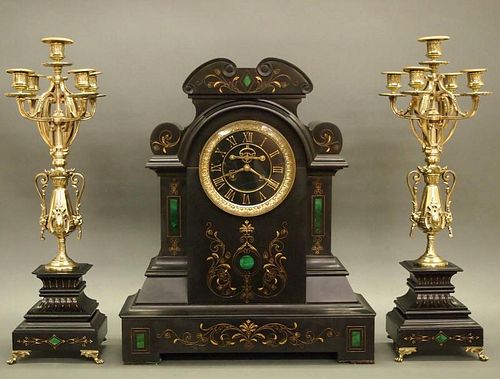 FRENCH MANTEL CLOCK AND CANDELABRAA 384ac0