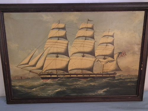 ANTIQUE CLIPPER SHIP PORTRAIT19th 384cd3