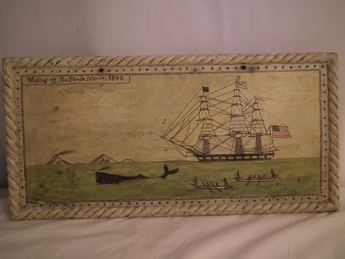 OLD PLAQUE PAINTED WHALING SCENEOld 384db2