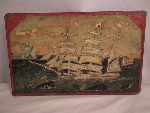 ARCTIC WHALING WOOD PLAQUEOld painted 384db3