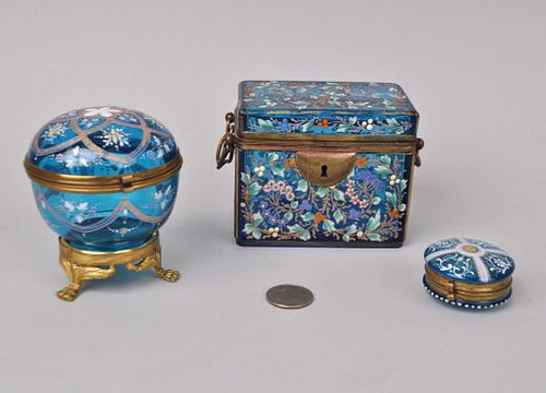 THREE ENAMELED BLUE GLASS BOXESin 3827a0