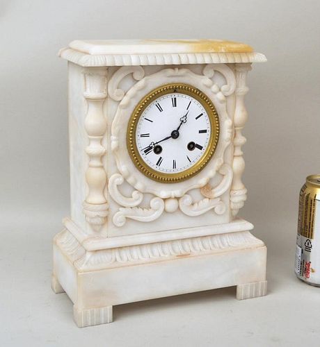 FRENCH WHITE ALABASTER MANTLE CLOCK11  3827e5