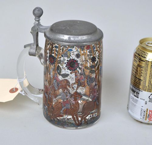 BOHEMIAN PAINTED GLASS STEIN, PEWTER