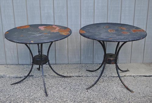 TWO WROUGHT IRON ROUND GARDEN TABLESwith