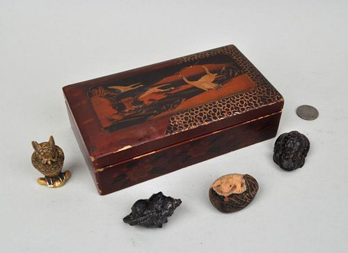 FOUR JAPANESE CARVED NETSUKE/LACQUER