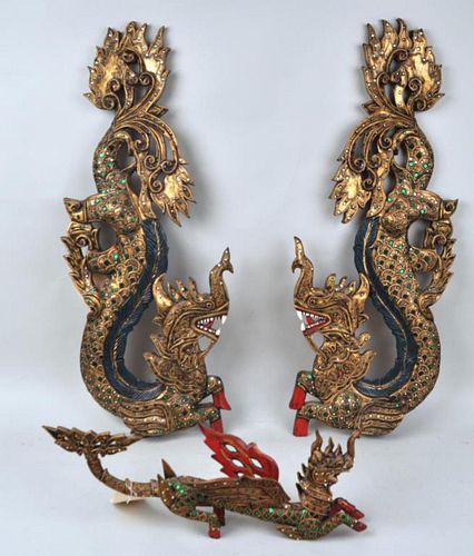 PAIR THAI INLAID GILTWOOD DRAGON 382a81