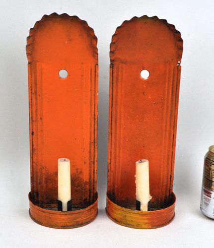 PAIR EARLY ORANGE PAINTED TIN/TOLE