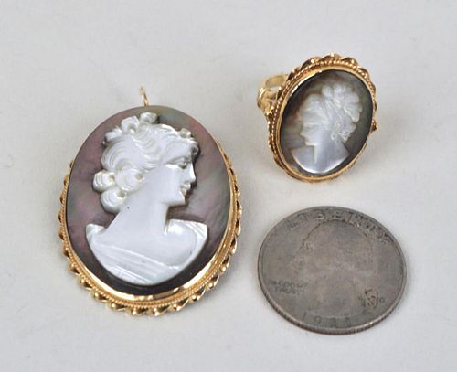 14K GOLD MOUNTED MOP CAMEO MATCHING 382b8b