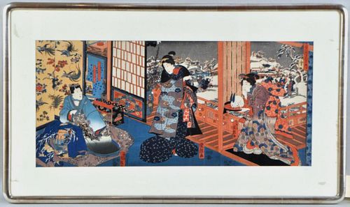 FRAMED JAPANESE TRIPTYCH BY KUNITERUdepicting