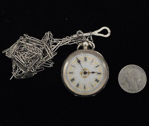 STERLING POCKET WATCH, FANCY DIAL