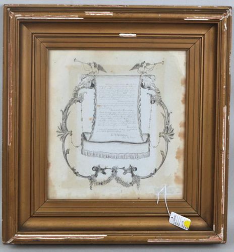 FRAMED DOCUMENT, PEN & INK CALLIGRAPHY