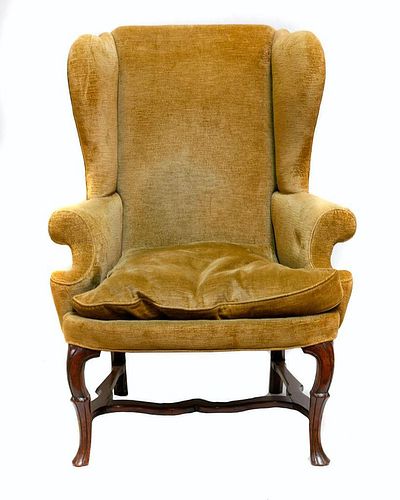 QUEEN ANNE CARVED WALNUT UPHOLSTERED