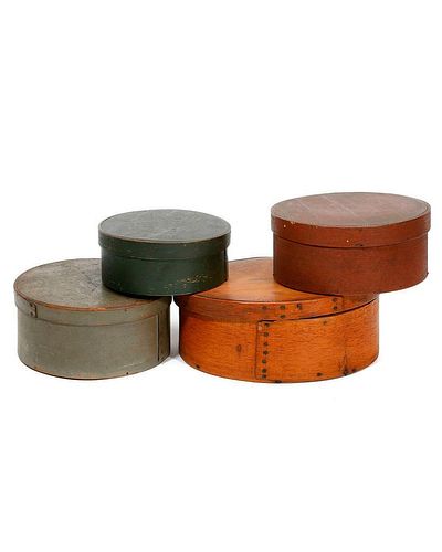 FOUR LIDDED BENTWOOD STORAGE BOXES.19th
