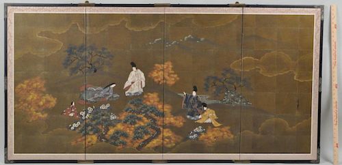 JAPANESE PAINTED FOUR PANEL SCREENdepicting