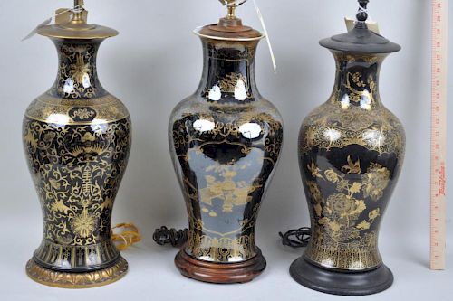 THREE CHINESE BLACK GROUND/GILT