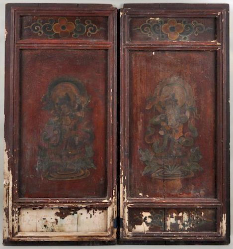 PAIR ASIAN POLYCHROME WOOD DOORSmounted