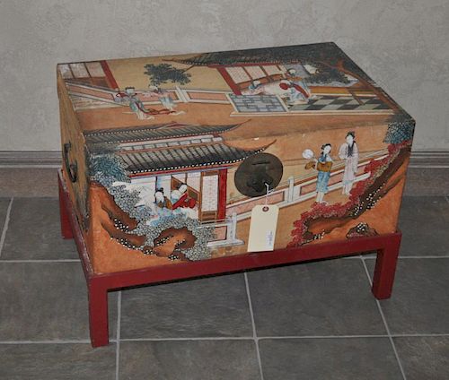 CHINESE PAINTED PIGSKIN TRUNK/STAND19"