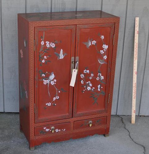 RED LACQUER CHINESE SMALL TWO DRAWER