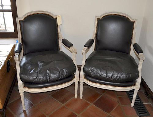 PAIR LOUIS XVI STYLE LEATHER UPHOLSTERED 3830bb