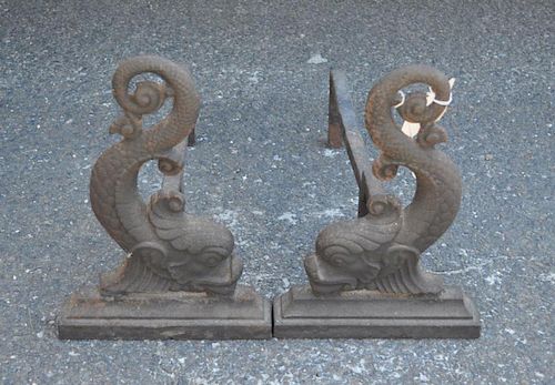 PAIR CAST IRON DOLPHIN ANDIRONSscrolled