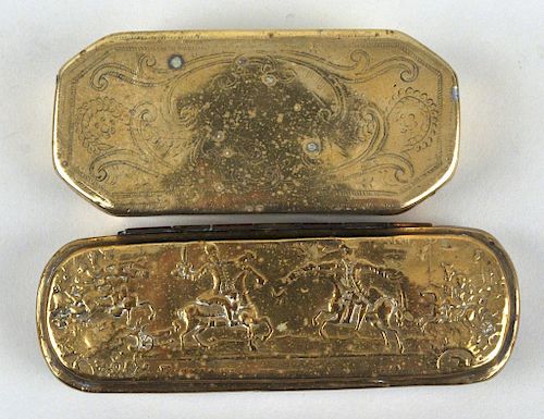 TWO DUTCH ENGRAVED BRASS TOBACCO 3831d0