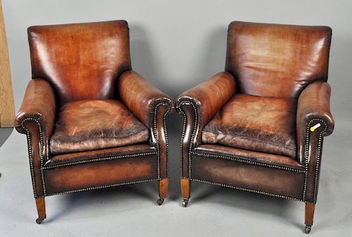 PAIR BROWN LEATHER CLUB CHAIRSon 3831df