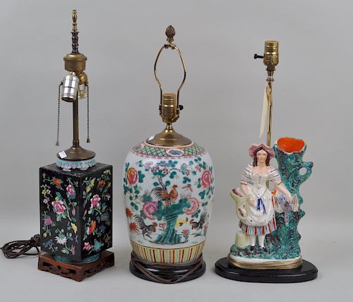 GROUP THREE PORCELAIN LAMPS, CHINESE/STAFFORDSHIREincluding