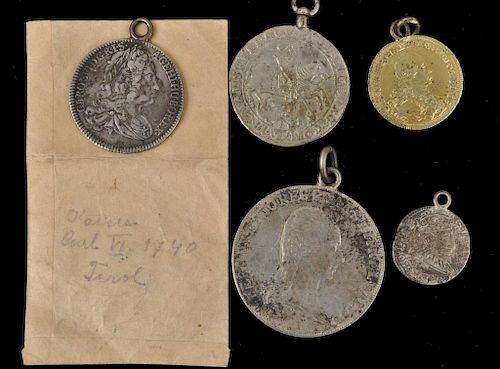 FIVE EARLY EUROPEAN COINS MOUNTED