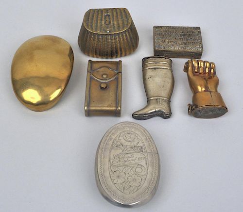FIVE BRASS MATCH SAFES & TWO TOBACCO