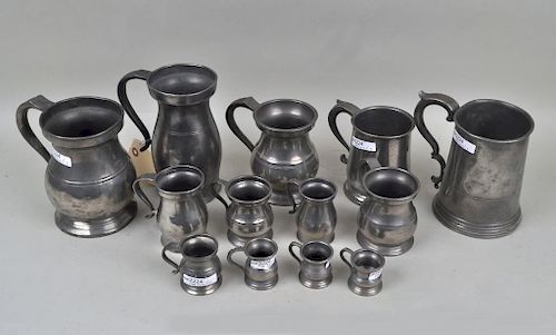 GROUP THIRTEEN PEWTER TANKARDSranging