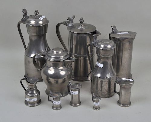 TWO PEWTER PITCHERS & EIGHT PEWTER
