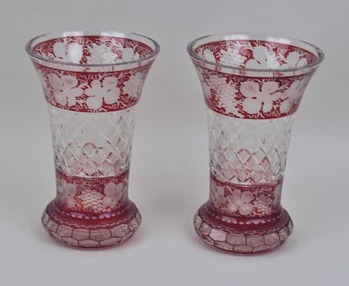 PAIR CRANBERRY CUT CLEAR CRYSTAL 38339c