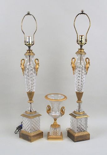 PAIR GILT METAL MOUNTED CUT GLASS