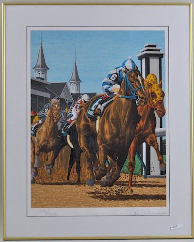 SIGNED LITHOGRAPH OF HORSE RACING  3833e0