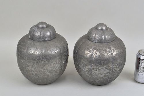 PAIR CHINESE INCISED PEWTER LIDDED 383420