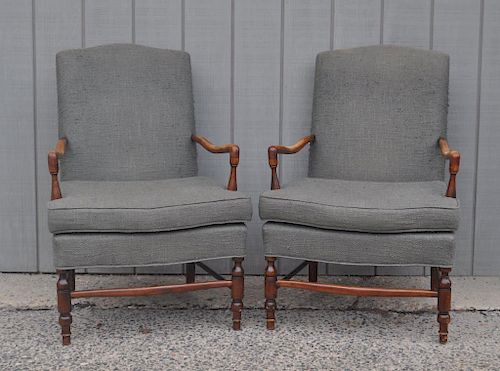 PAIR FRENCH UPHOLSTERED OPEN ARMCHAIRSon