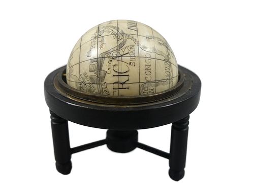 MINI SCRIMSHAW BONE GLOBE ON STANDOld 383595