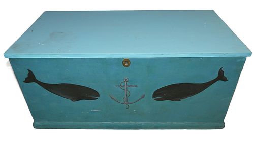 OLD SEA CHEST WITH PAINTED WHALESOld