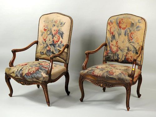 PAIR FRENCH CARVED WOOD UPHOLSTERED