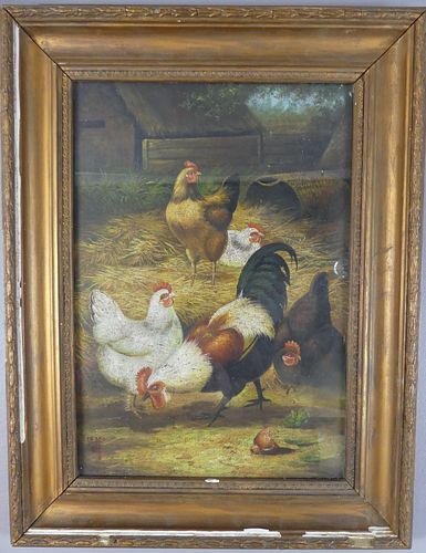 1870 PAINTING OF CHICKENS SIGNEDOil 3835ef