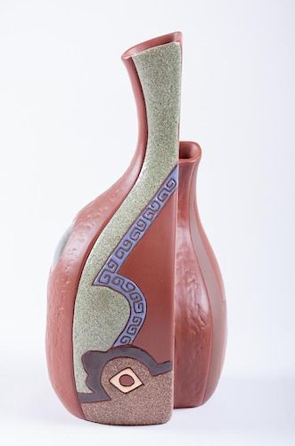 DOUBLE STEM POTTERY VASE, ABSTRACT