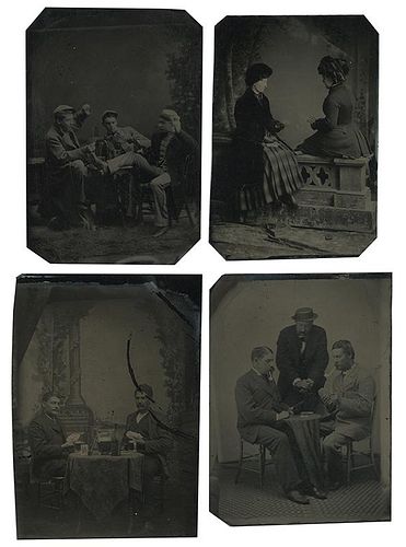 FOUR TINTYPES OF CARD PLAYERS.Four