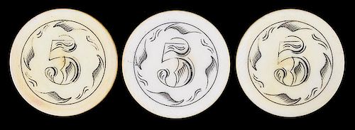 SET OF THREE $5 SCRIMSHAWED IVORY