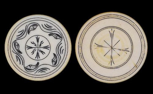 TWO SCRIMSHAWED IVORY POKER CHIPS Two 385fd2