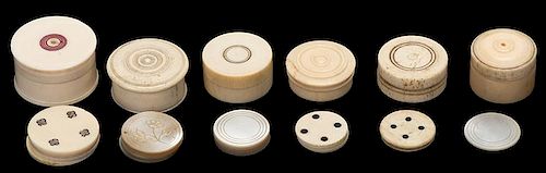 SIX IVORY WHIST COUNTER BOXES.Six